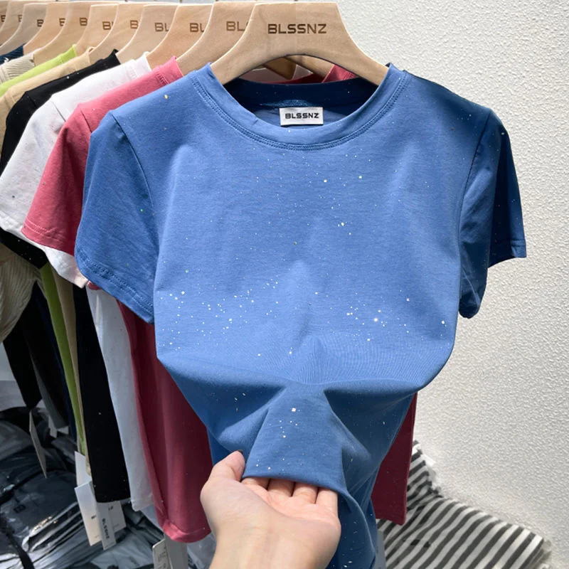 

Футболка женская Базовая из блестящего хлопка, облегающий топ с коротким рукавом и круглым вырезом, модная одежда на лето