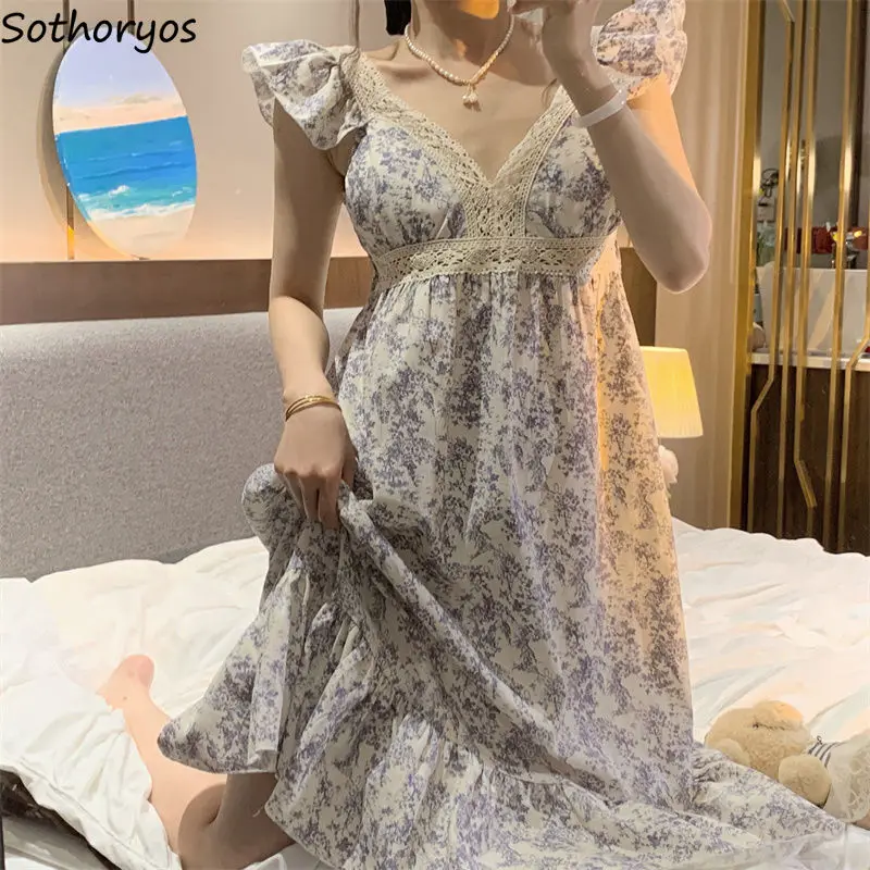 

Summer Nightgowns Women Purple Floral V-neck Sexy Elegant Sweet Lace Design Gentle Vintage Chic Defined Sleepwear Aesthetic Ins