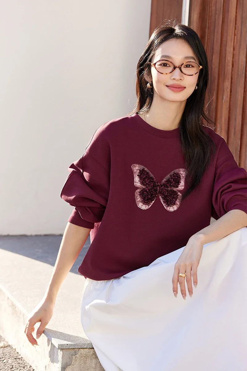 VIMLY Women Simple Sweatshirt With 3D Butterfly Embroidery 2025 Spring O-Neck Office Lady Pullover Loose New Year's Sweatshirt 5