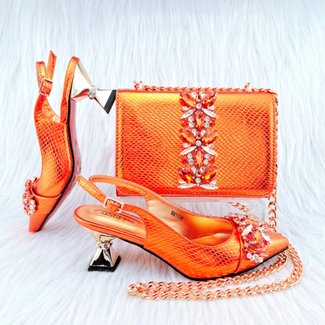 Doershow hot selling orange Shoes and Bags To Match Set Italy
