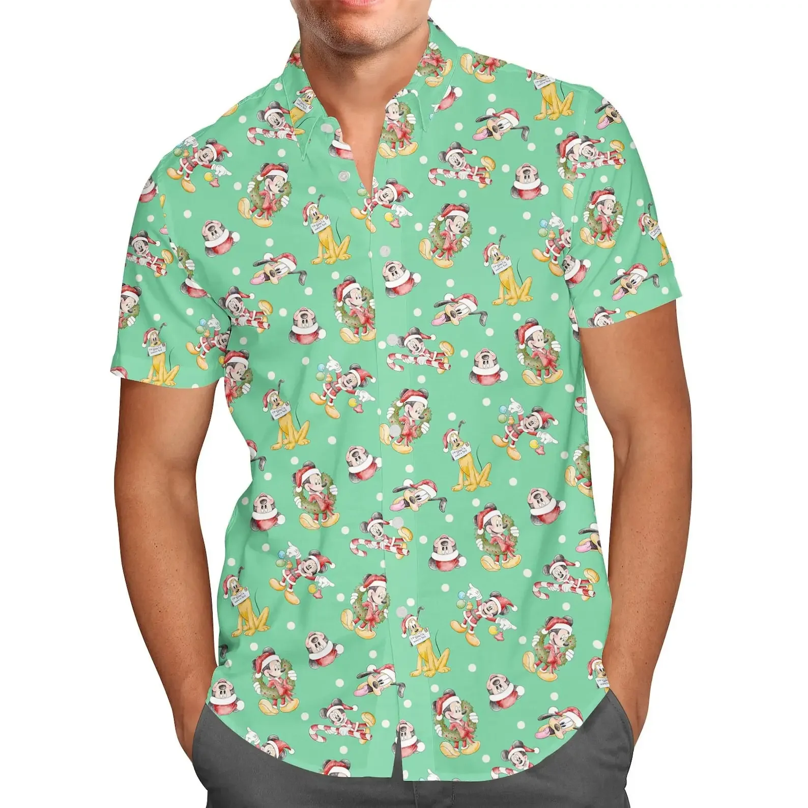 Mickey Christmas Hawaiian Casual Short Sleeved Shirt Men's Women Short Sleeve Button Up Shirt Disney Christmas Hawaiian Casual Beach Kids