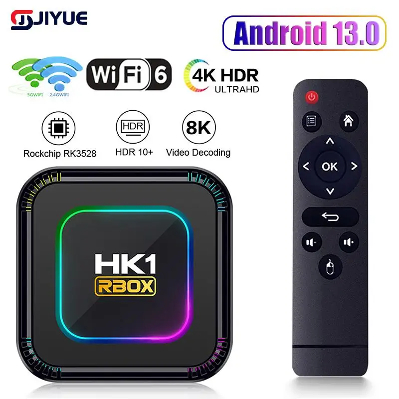 Smart TV Box HK1 RBOX K8 Android 13 8K Android TV Box RGB Light 4GB 128GB RK3528 WiFi6 BT 5.0 8K Video Media Player Set Top Box h96 max rk3528 android 13 quad core support 8k video wifi6 bt5 0 2 4gb ram 32 64gb rom media player android tv box