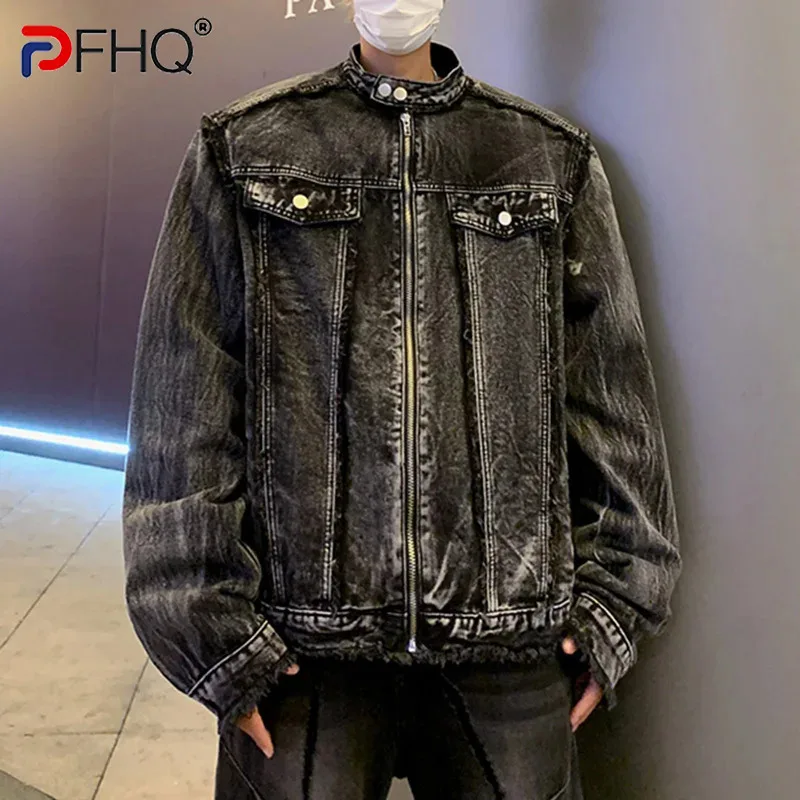 

PFHQ American Raw Edge Denim Jackets Men's Streetwear Shoulder Pad Darkwear Function Avant-garde Motorcycle Coat Spring 1Z3797