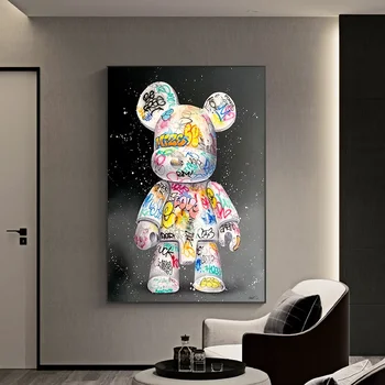 Dipinto su Tela con Orso Cartoon, Poster Pop Art con Personaggi dei Cartoni, Arte Murale da Strada, Decorazione Kawaii per la Stanza