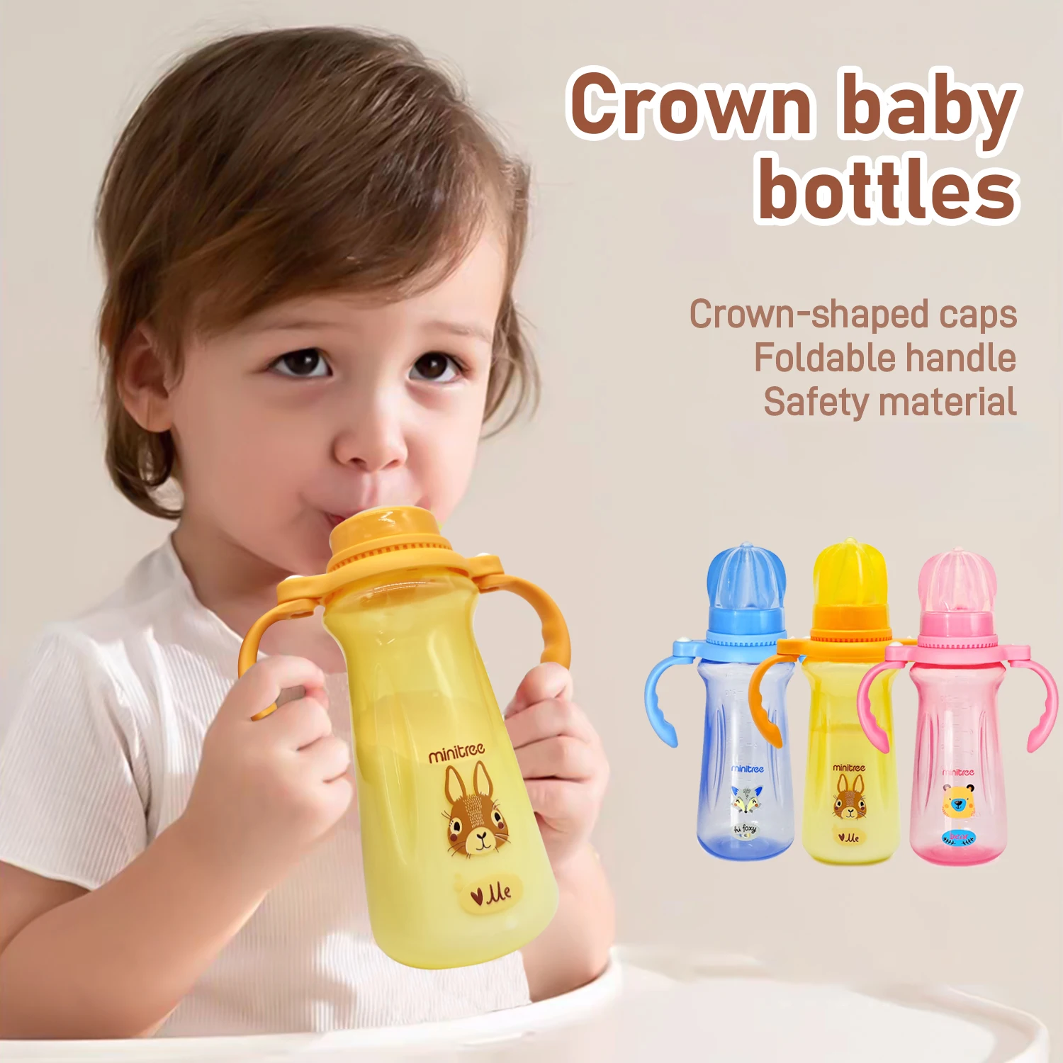 240ml cartoon baby PP bottle, 0-3 years old newborn imitation breastmilk nipple bottle, collapsible handle, BPA-free