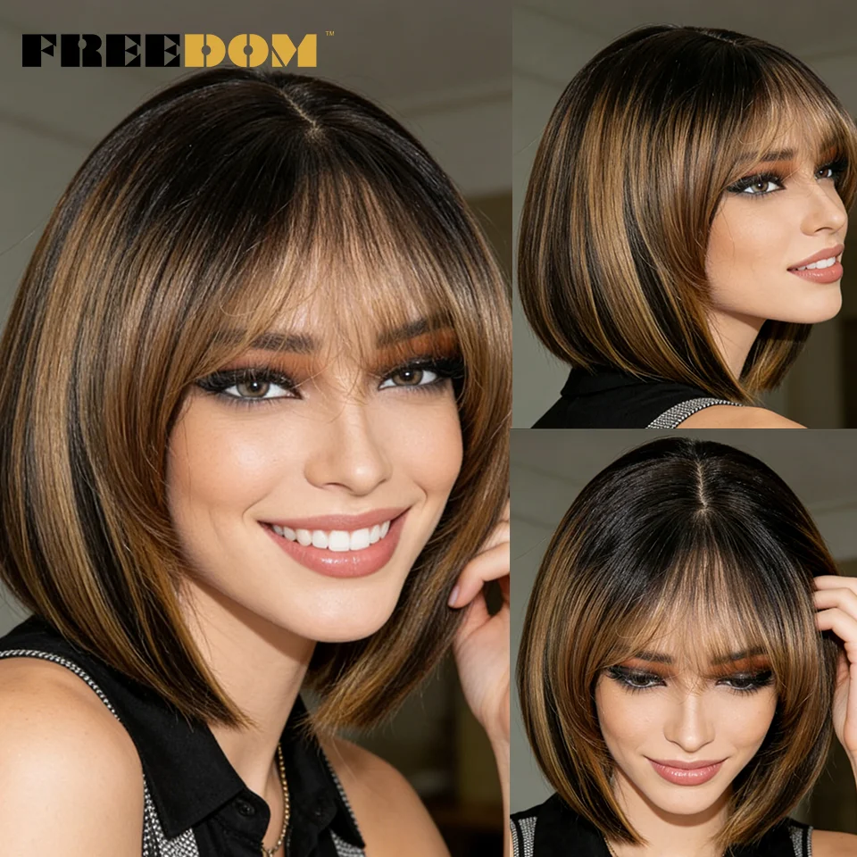 Parrucche Sintetiche con Frontale in Pizzo per Donne, Parrucca Corta Bob da 10 Pollici con Frangia, Capelli Lisci Ombre Marrone, Resistente al Calore, Vendita all'Ingrosso