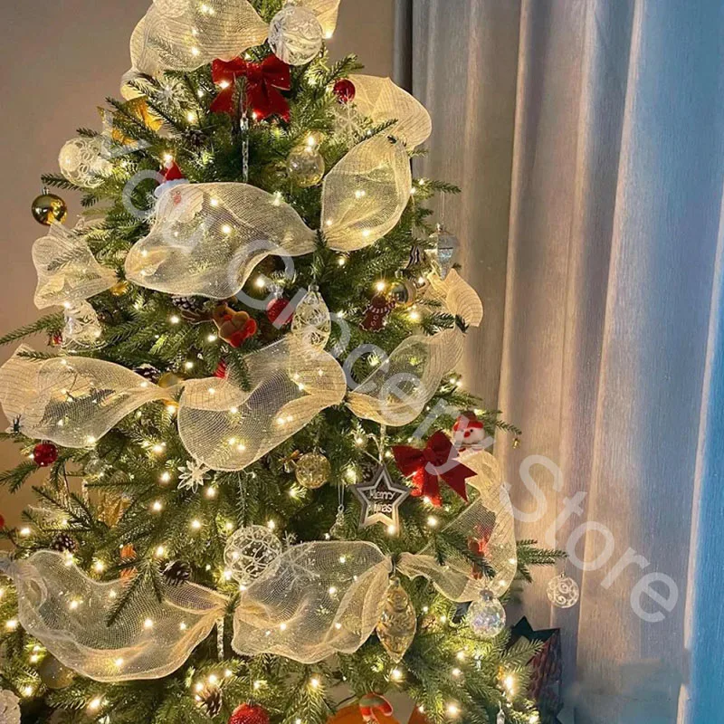 26cm 10 Yards Gold Sliver Christmas Flower Wreath Mesh DIY Xmas Tree Ribbon Decoration Wrapping Ribbon Wedding Christmas Gift