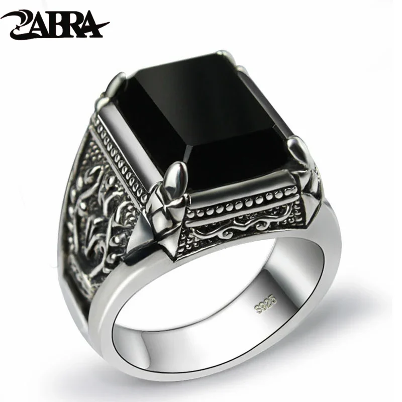 

ZABRA Real 925 Silver Black Zircon Ring For Men Female Engraved Flower Men Fashion Sterling Thai Silver Jewelry Synthetic Onyx