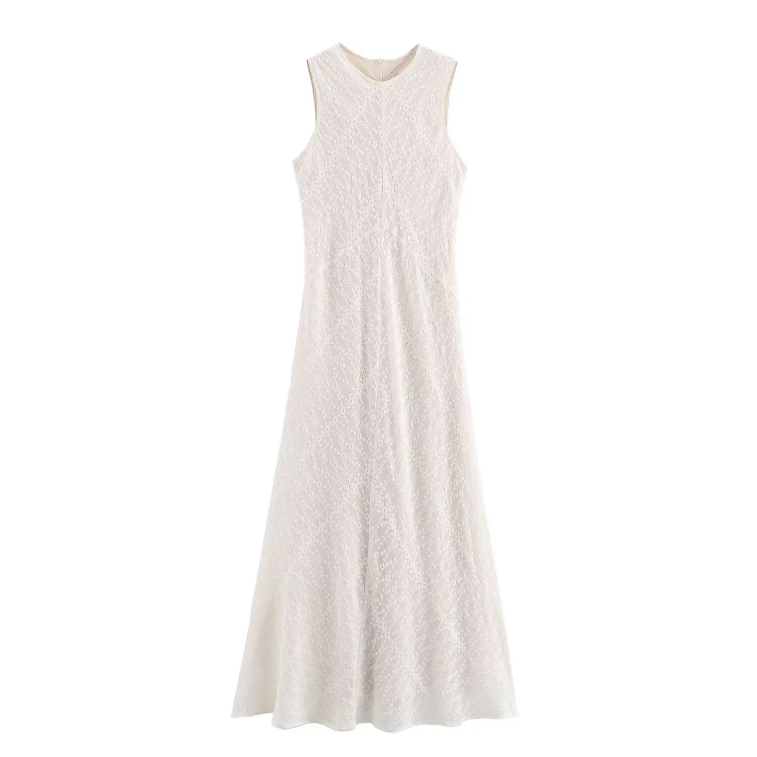 thumbnail image 1 of HH TRAF Vestido largo con cuello redondo, sin mangas, estampado y bordado, elegante y elegante, con cremallera y largo hasta los tobillos para mujer, 1 of 5