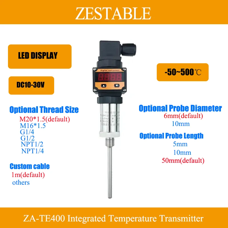 

Temperature Transmitter Plug-in LED Display PT100 -50~500℃ 1m cable 4-20mA Output 50x6mm with M20*1.5 Thread Size Plunger Probe