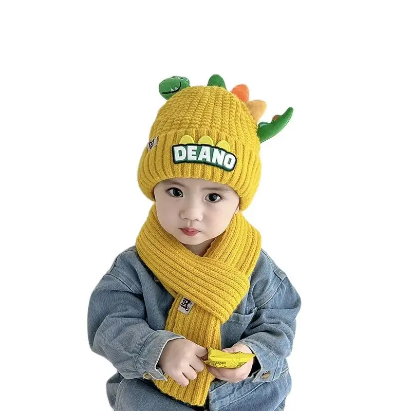 Doitbest Cartoon Warm Hats For Children Kids Beanie Sets Acrylic 3D Dinosaur 2 Pcs Boys Girls Winter Knit Hat Scarf Set Child