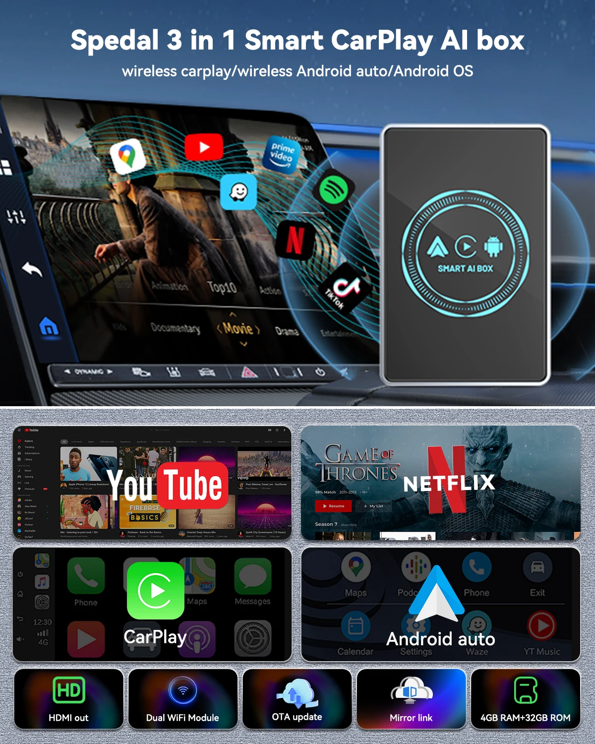 Wireless CarPlay Android Auto Adapter with Netflix YouTube