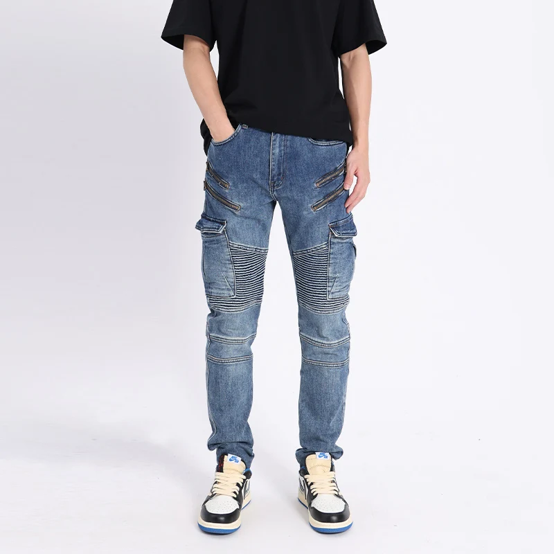 스트리트 패션 남성 청바지, 레트로 블루 스플라이스 패치 탄성 슬림 피트 바이커 청바지, 남성 지퍼 디자이너 힙합 카고 팬츠, 남성복