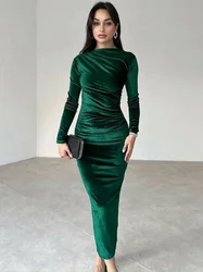 2024 Spring Women O-neck Folds High Waist Mid-calf Velvet Dress Elegant Fashion Office Lady Bodycon Tunics Party Evening Dresses