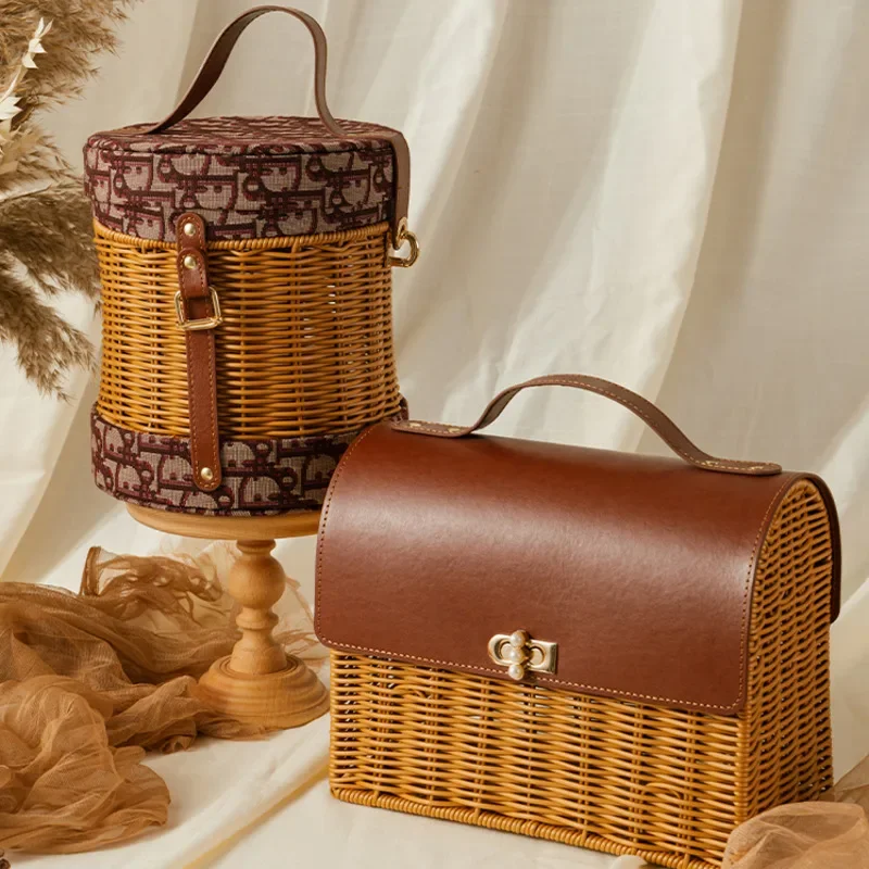 Rattan Woven Handbag with Storage Box Forest Department Pastoral Beach Holiday Wind Female Bag INS Wind Handbag 2