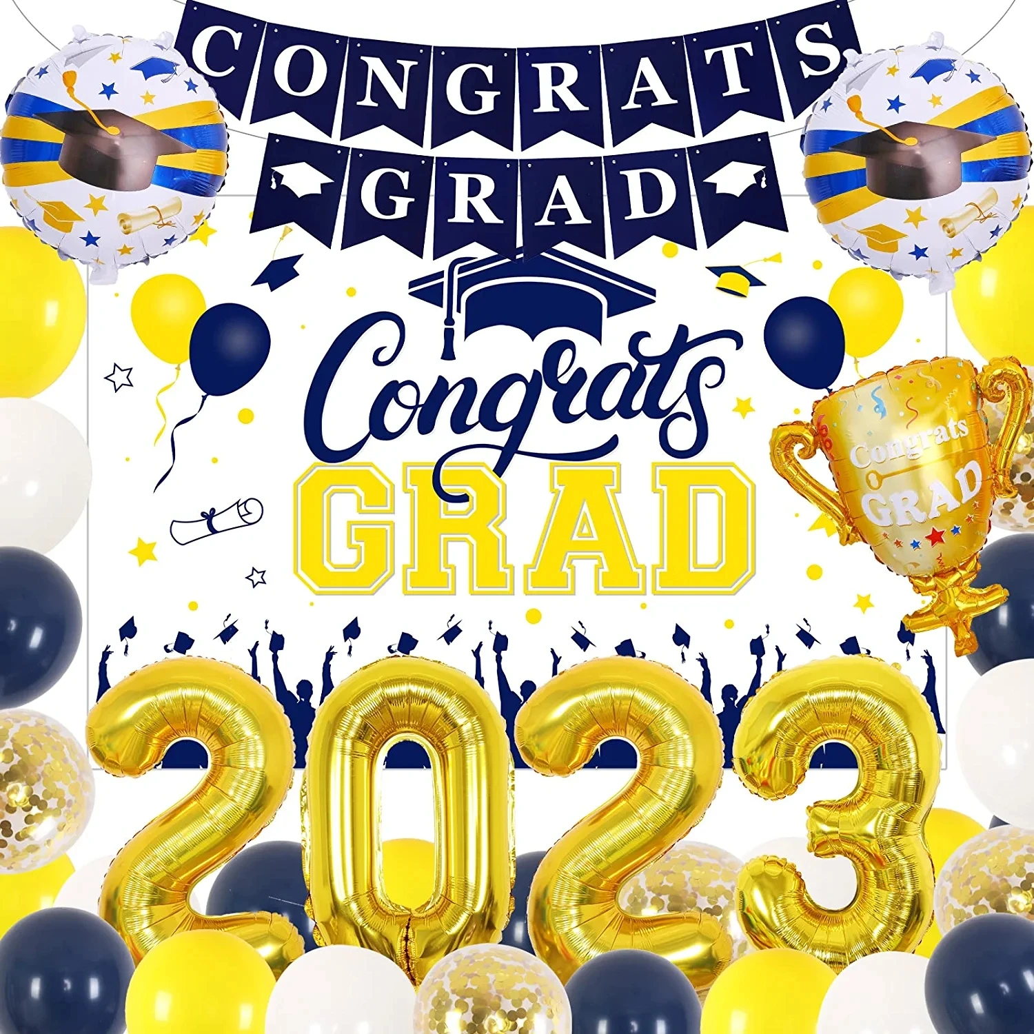 

JOYMEMO Graduation Party Decorations 2023 Navy Blue and Gold Balloons Congrats Grad Banner Class of 2023 Graduation Backdrop