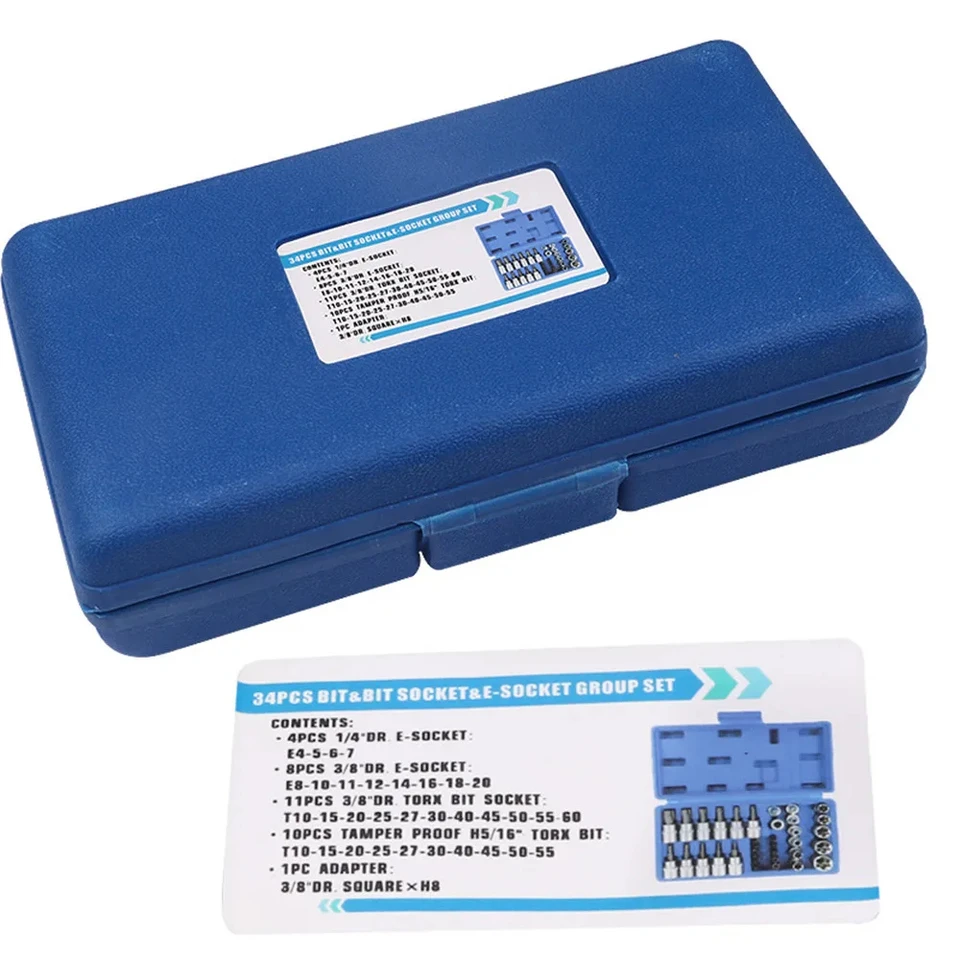 38pc 1/4", 3/8" & 1/2" Drive Torx Star Socket Set & Bit Male Female E T Socket 312103920200 3 - Foto 2