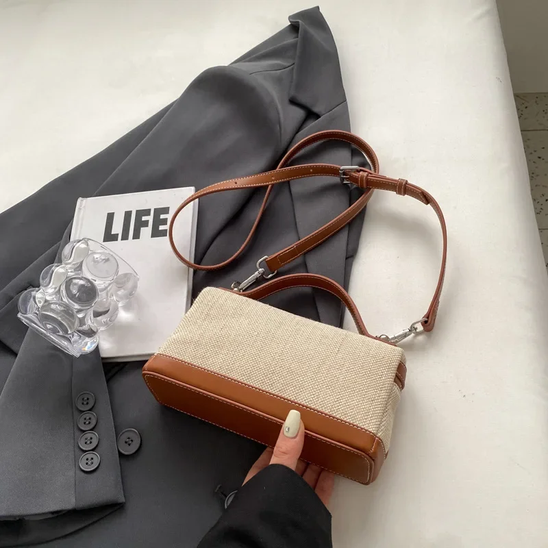 retro canvas handbag for women,women’s summer crossbody bag,contrast color casual handbag,small square canvas shoulder bag,casual women’s sling bag,retro fashion canvas purse,lightweight canvas handbag
