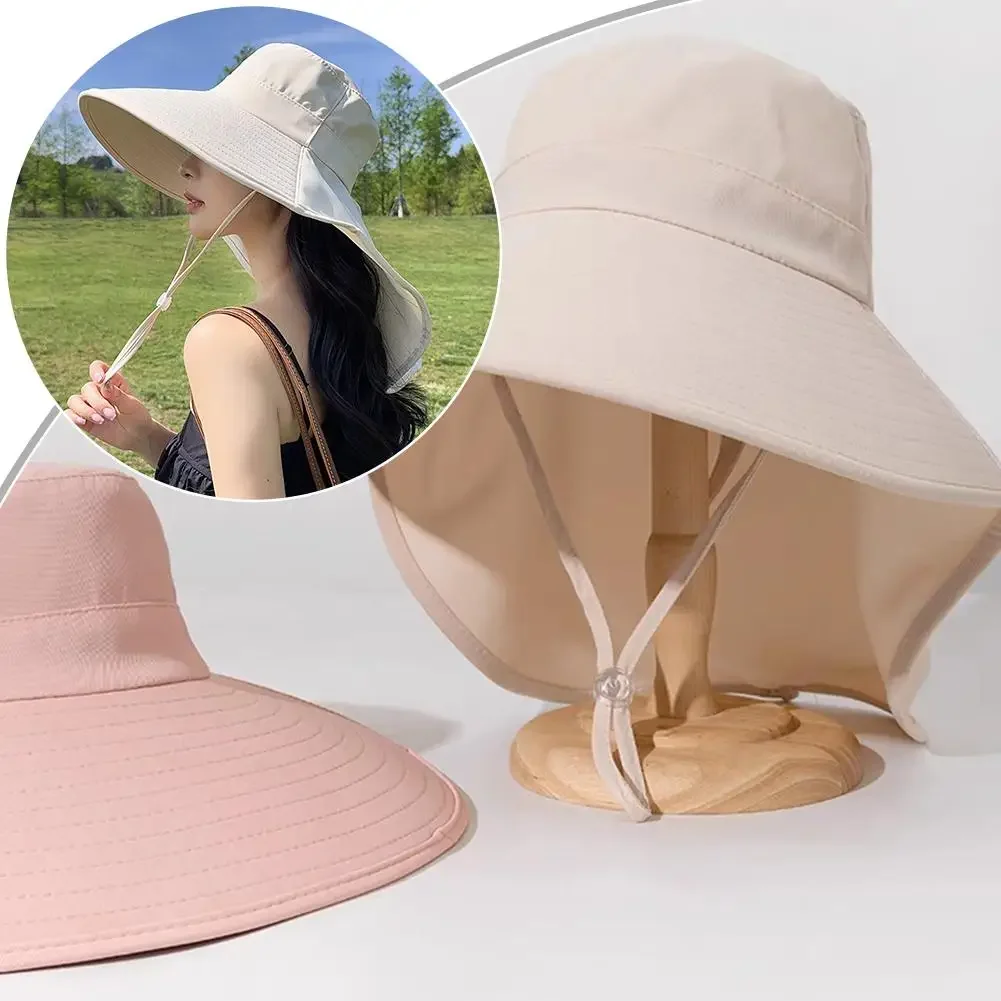 Summer Large Brim Sun Hats For Women Outdoor UV Anti Neck Protection Sun Visors Lady Fishing Hiking Shawl Sunscreen Cap