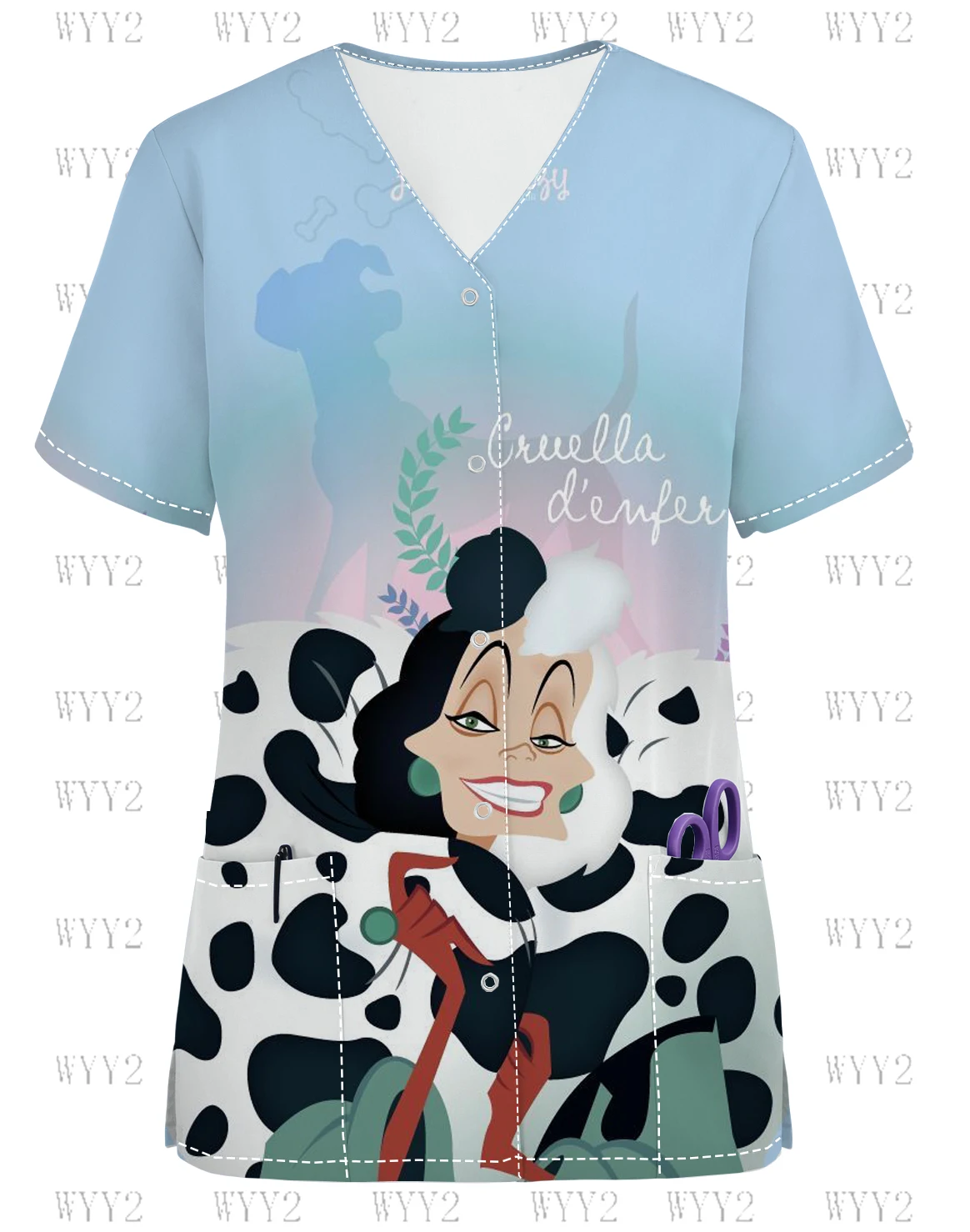 

New Disney Sleeping Devil Cartoon Medical Nurse Uniform Printed Front Snap V-Neck Print Scrub Top Beauty Salon Nurse Coat Top