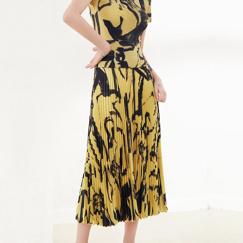 

Printed Miyake Pleated Skirt Organ Spring 2023 Elegant High Waist Drooping Slimming Mid-Length A- Line Y2k