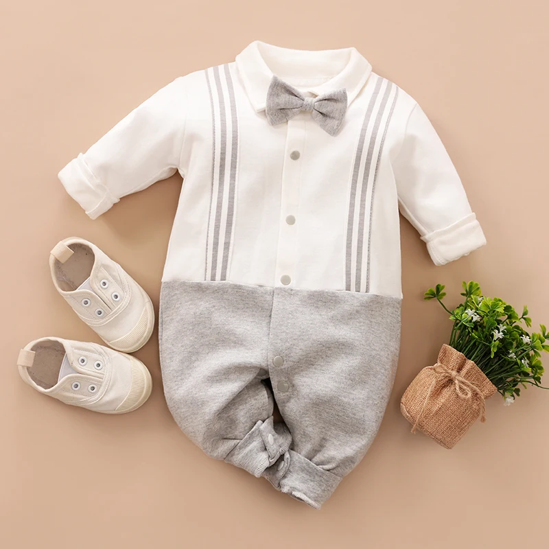 Spring And Autumn Boys And Girls Gentleman Dresses With Straps And Ties Long Sleeve Cotton Baby Bodysuit 1