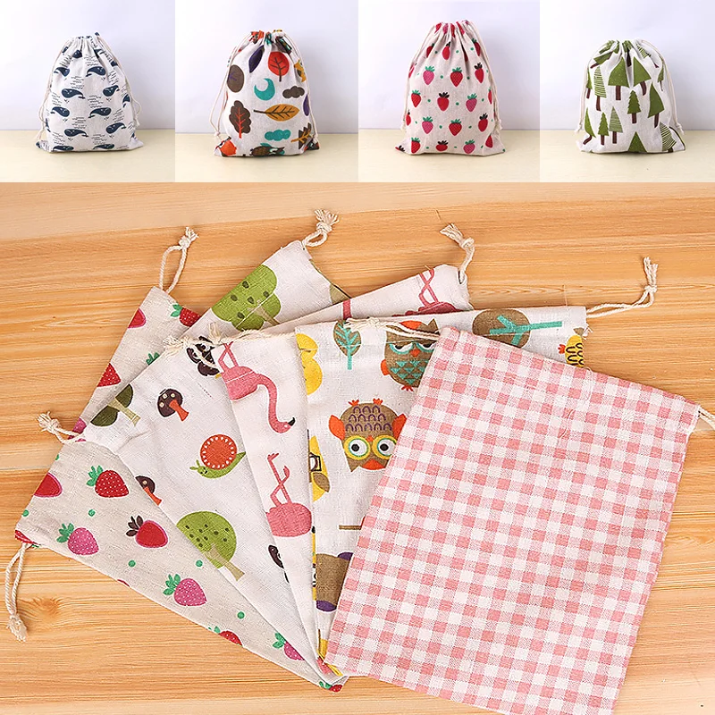 1PC Cotton Linen Fabric Pouch Drawstring Bag Cute Animal Plant Print Kids Travel Cloth Shoes Storage Bag Makeup Case Gift Bag 3