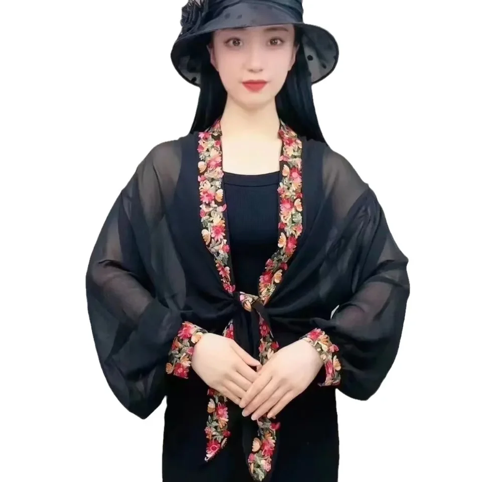 자수 시폰 자외선 차단 와이드 소매 상의, 에스닉 스타일 가디건, 에어컨 코트, 햇빛가리개 스카프