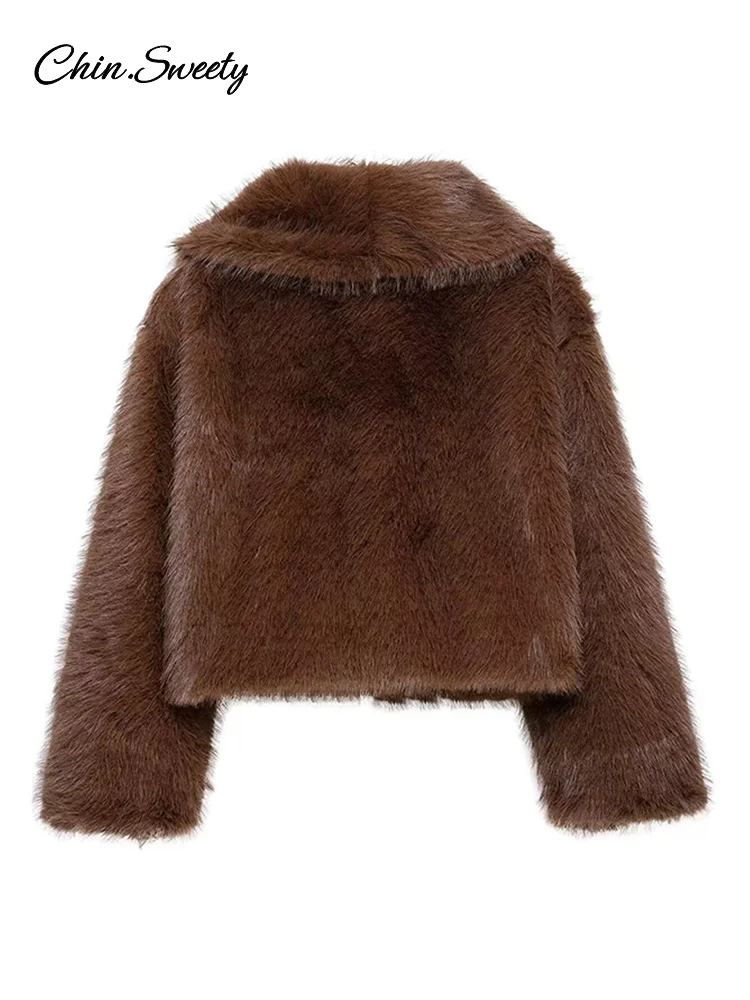 Brown Lapel Faux Fur Short Coat Women Fluffy Long Sleeve Warm Thick Loose Jacket 2024 Autumn Winter Lady High Street Outwear ﻿ 5