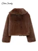 Brown Lapel Faux Fur Short Coat Women Fluffy Long Sleeve Warm Thick Loose Jacket 2024 Autumn Winter Lady High Street Outwear ﻿ 5