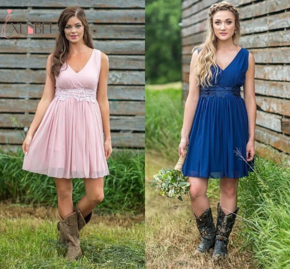 

Robe demoiselle d'honneur Country Style Lace Short Bridemaid Dresses V Neck Chiffon Prom Dresses Wedding Party Gowns