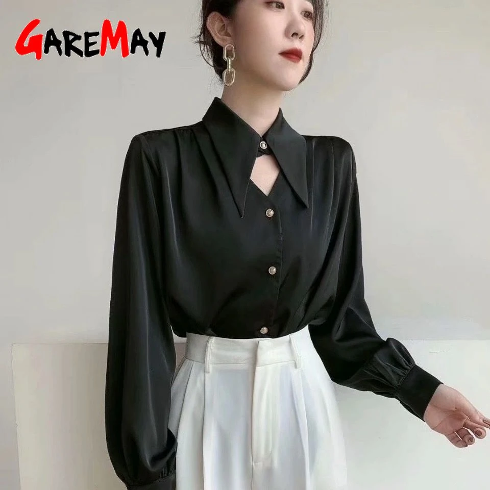 Blusas elegantes de manga larga para mujer, camisa de seda básica de estilo negro, caqui, Vintage, para Primavera, 2023|Camisa| -