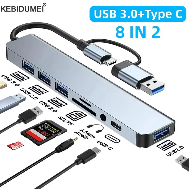 Adaptador USB 3,0 tipo C, estación de acoplamiento, puerto USB 2,0, lector de tarjetas SD TF, salida de Audio, divisor multihub para ordenador Macbook Pro 1
