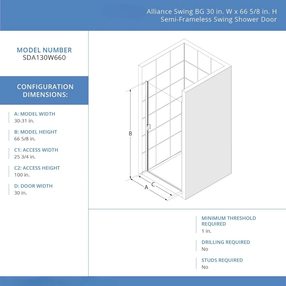 30-31 in. W x 66 in. H Semi-Frameless Swing Shower Door in Matte Black and Clear Glass Shower Doors 6