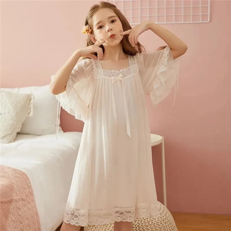 1 PC Summer Girl Short-sleeved Princess Princess Style Baby Nightdress Soft Breathable Home Wear Girl's Lace Mesh Pajamas