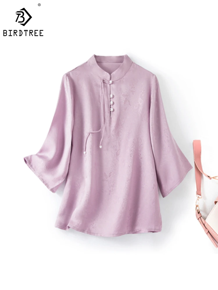 

Birdtree 100%Mulberry Silk Retro Silk Flower Luo Shirt Women's Four Warp Twisted Luo Breathable Standing Neck Tassel T37025QD