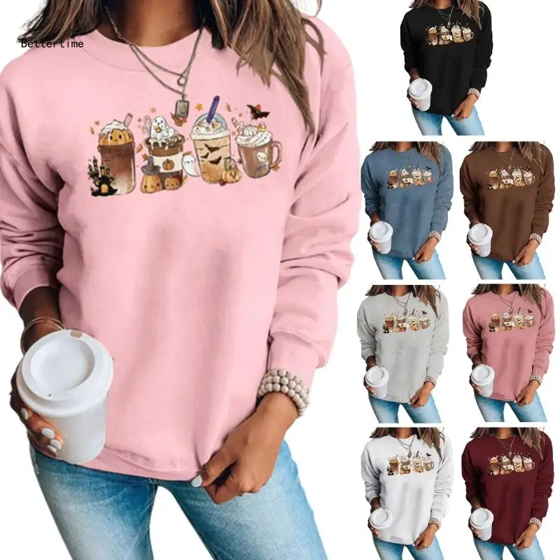 

B36D Women's Halloween Printed Sweatshirt Top for Autumn Casual Fit Crewneck Pullover