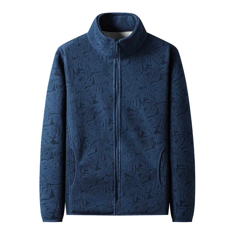 Men's Autumn Winter Lamb Fleece Jacket Couple Thick Warm Fleece Stand Collar Maple Print Outdoor Sports Coat Tactical Cardigan
