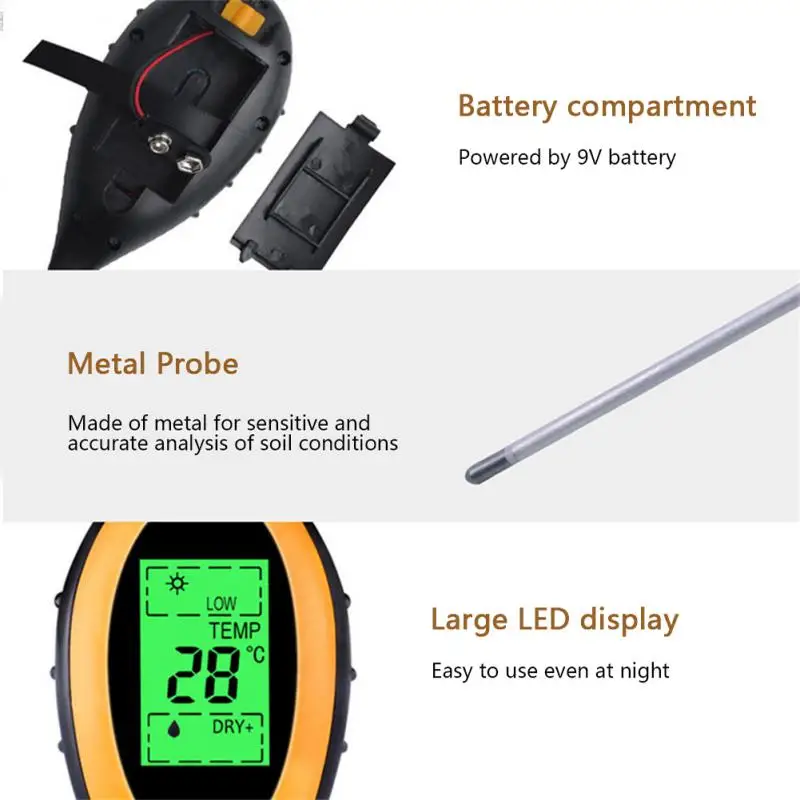 4 in 1 Soil PH Meter Soil Tester PH Moisture Meter Temperature Sunlight Intensity Measurement Analysis Soil Acidity Test 2