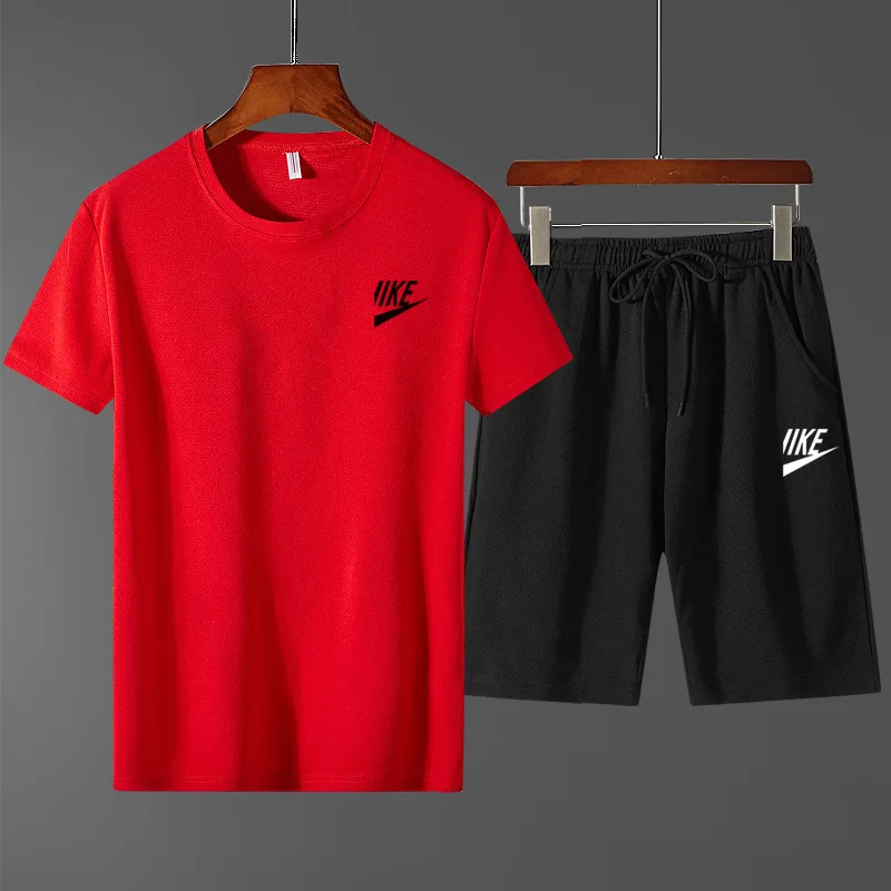 Trendy summer outdoor sports set, men's short sleeved T-shirt shorts, casual and fashionable two-piece set, sweat absorbing and
