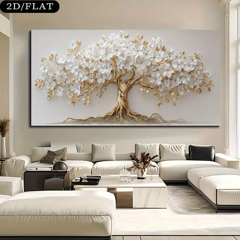 ภาพพิมพ์บนผ้าใบลายต้นไม้ดอกไม้สีขาวขนาดใหญ่ สไตล์นอร์ดิก  กิ่งสีเบจทอง  งานศิลปะติดผนังสำหรับตกแต่งห้องนั่งเล่นสมัยใหม่ 1