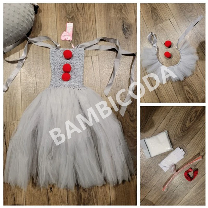 Gray Clown Led Light up Tutu Dress for Girls Carnival Halloween Costume for Kids Girl Joker Cosplay Children Party Scary Clothes girls dress