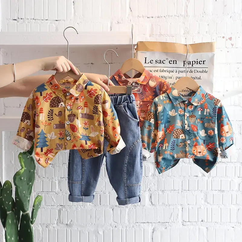 

Autumn Spring Baby Boy Fashion Full Printe Clothing Kid Suits Cartoon Shirt Pants Jeans 2pcs/Set Children Clothes Set 1-5 Years