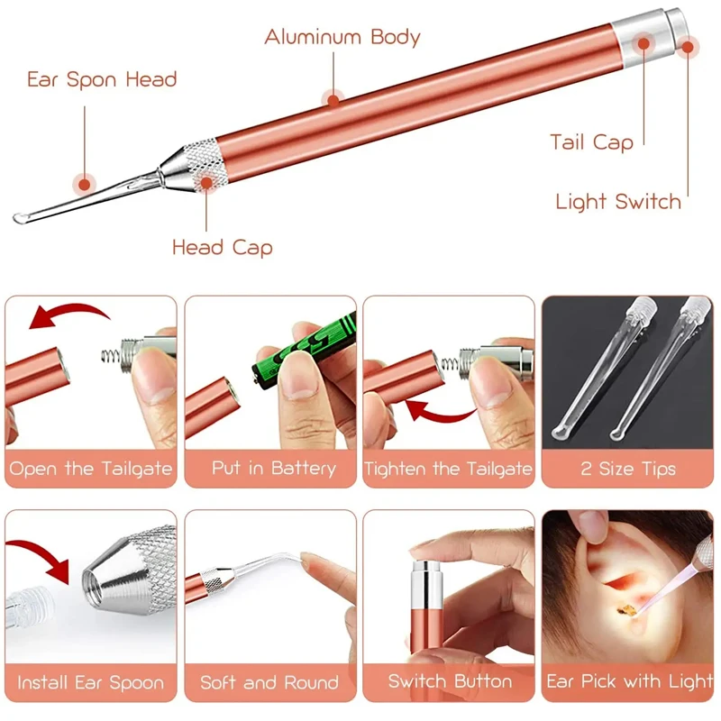 LED Penlight Torch Flashlight Otoscope Tool Earwax Removal Ear Wax Visual Spoon Earpick Cleaning Endoscope Light for Adult Baby 5