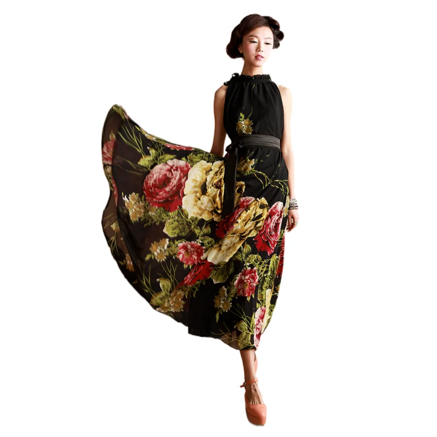 

2023 New Fashion Women's Spring Summer Printed Chiffon Maxi Dress Long Large skirt Floral Dress