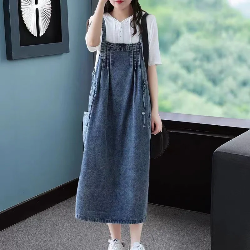 

#2171 Blue Denim Dress Women Side Pockets Loose Midi Dress Women Camisole Jeans Dress Women Vintage Sleeveless Spaghetti Straps