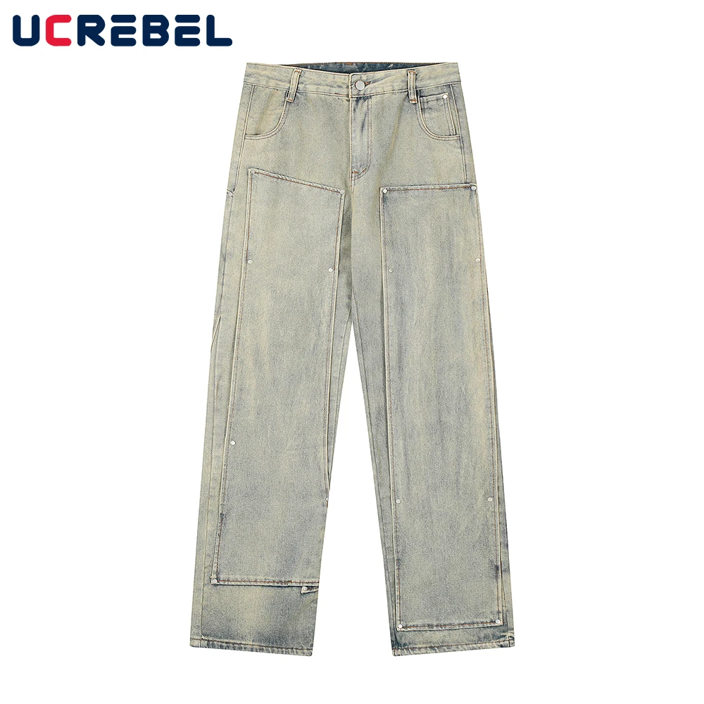 

Rivets Patch Straight-leg Washed Jeans Mens Streetwear Loose Distressed Trousers Men Denim Pants