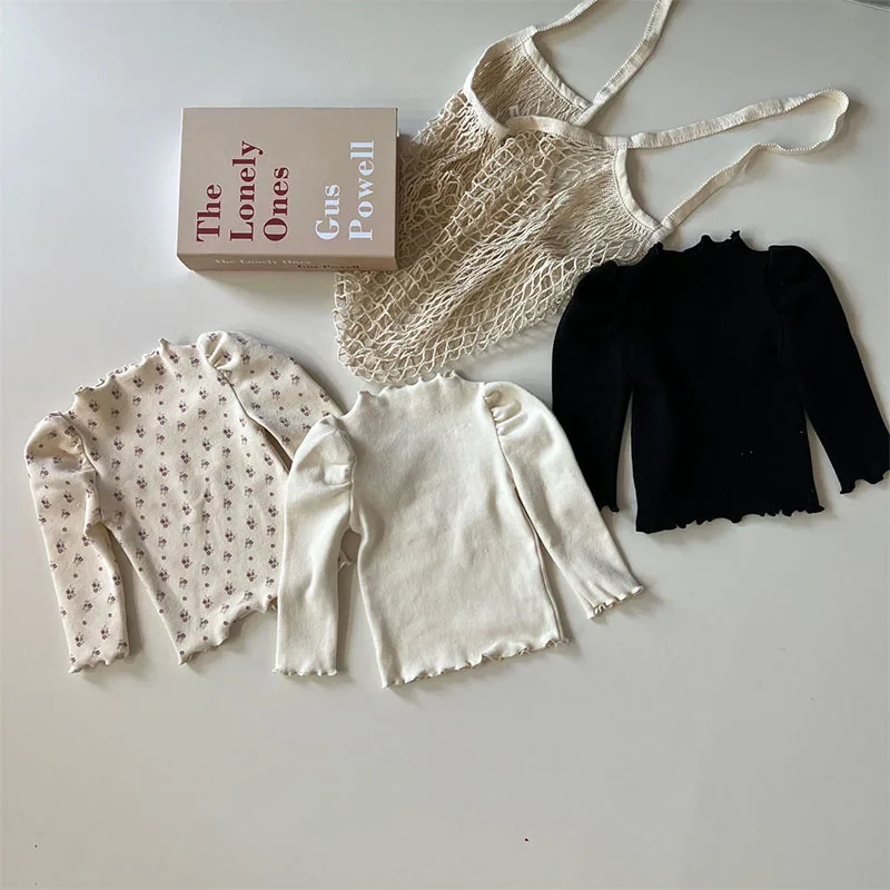 Cotton Baby Long Sleeve Bottoming Shirts Solid Girls Puff Sleeve Floral Tops Autumn Winter New Infant Thick Warm T Shirts