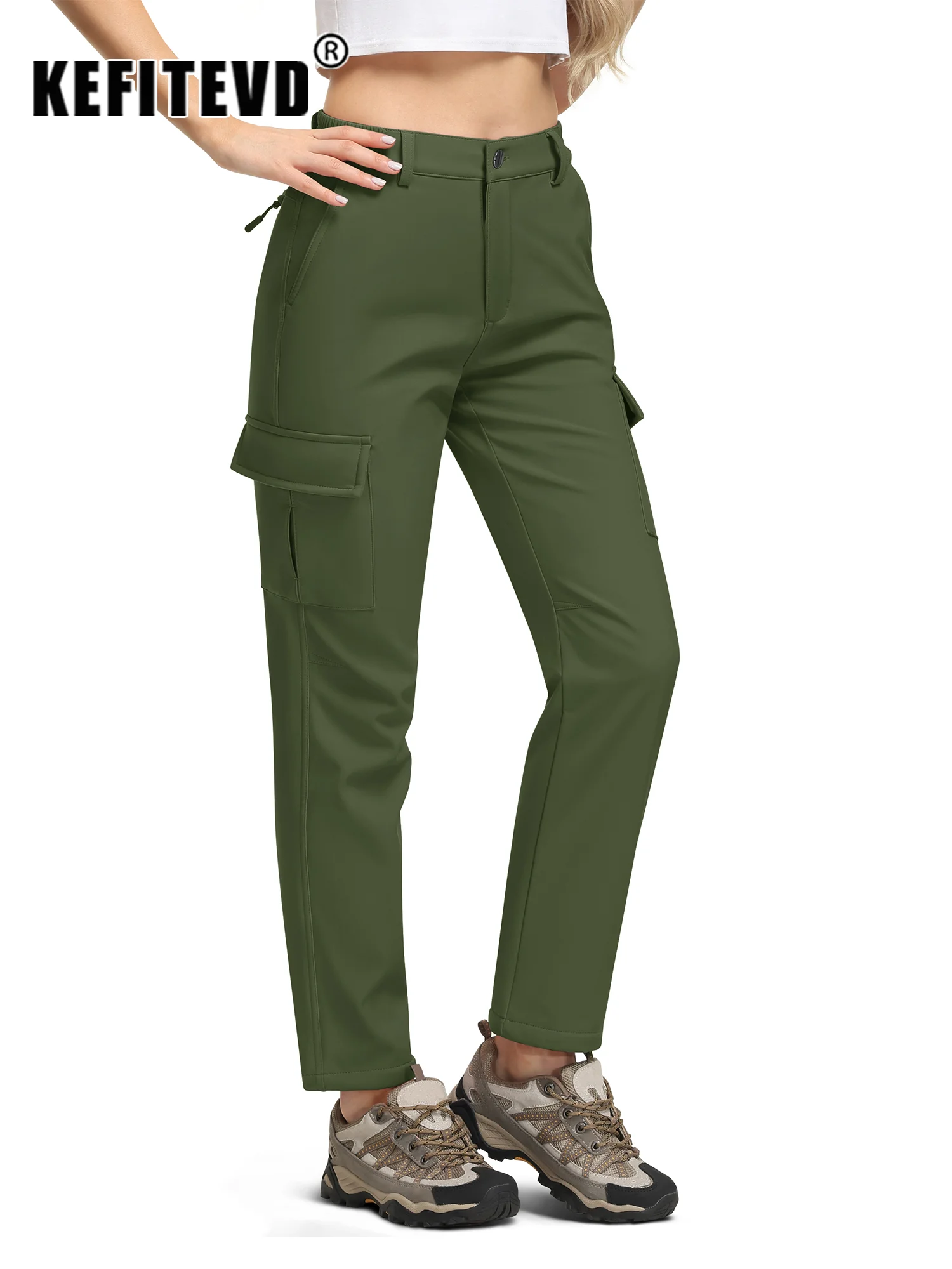 KEFITEVD Winter Fleece Lined Hiking Pants Women's Soft Shell Waterproof Trousers Warm Thermal Ski Pants Camping Fishing Bottoms 3