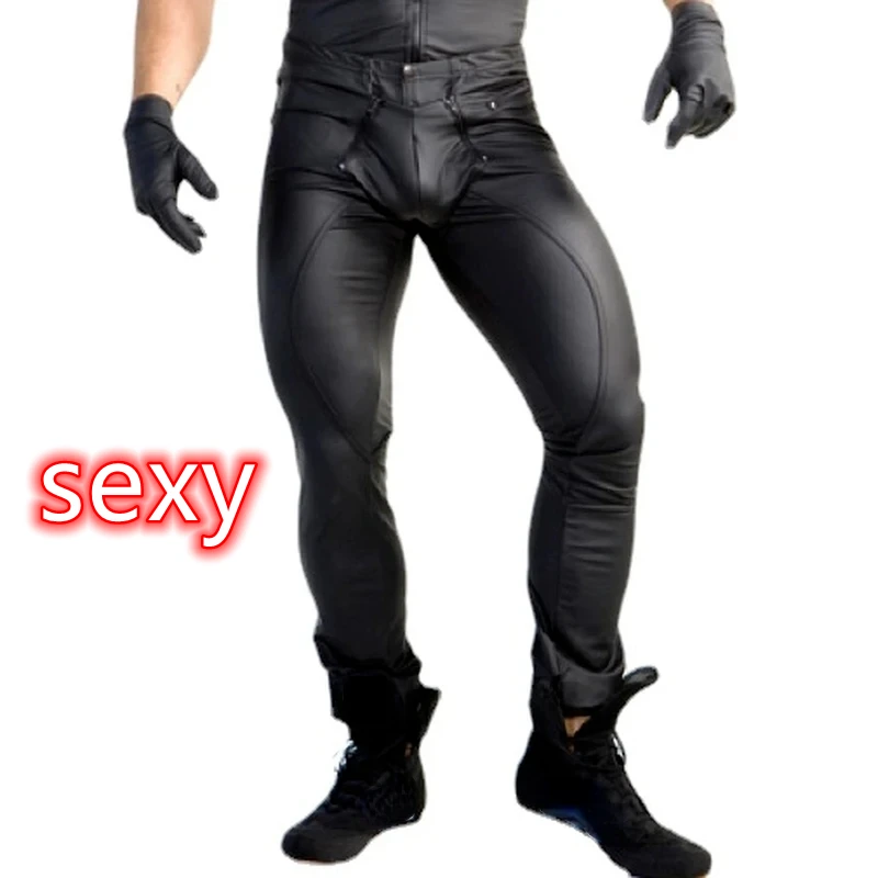 

Sexy Leather Pants Men's PU Leather Pants Zipper Open Crotch Latex Pants Sexy Tight Man Leggings Gothic Punk Fetish Club Wear